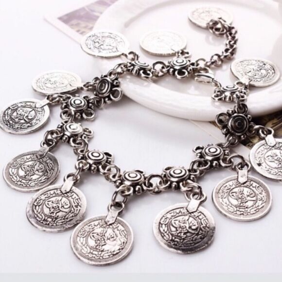 1pc Bohemian Style Flower Coin Pendant Ankle Silvery Bracelet - Picture 4 of 6